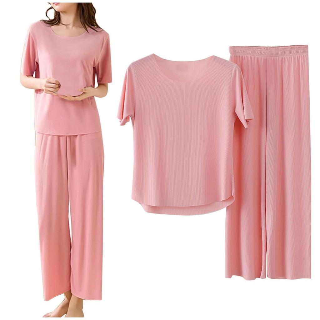 Women's Casual Pajamas Set Solid Color Short Sleeve Up Nine Pants Two Pieces