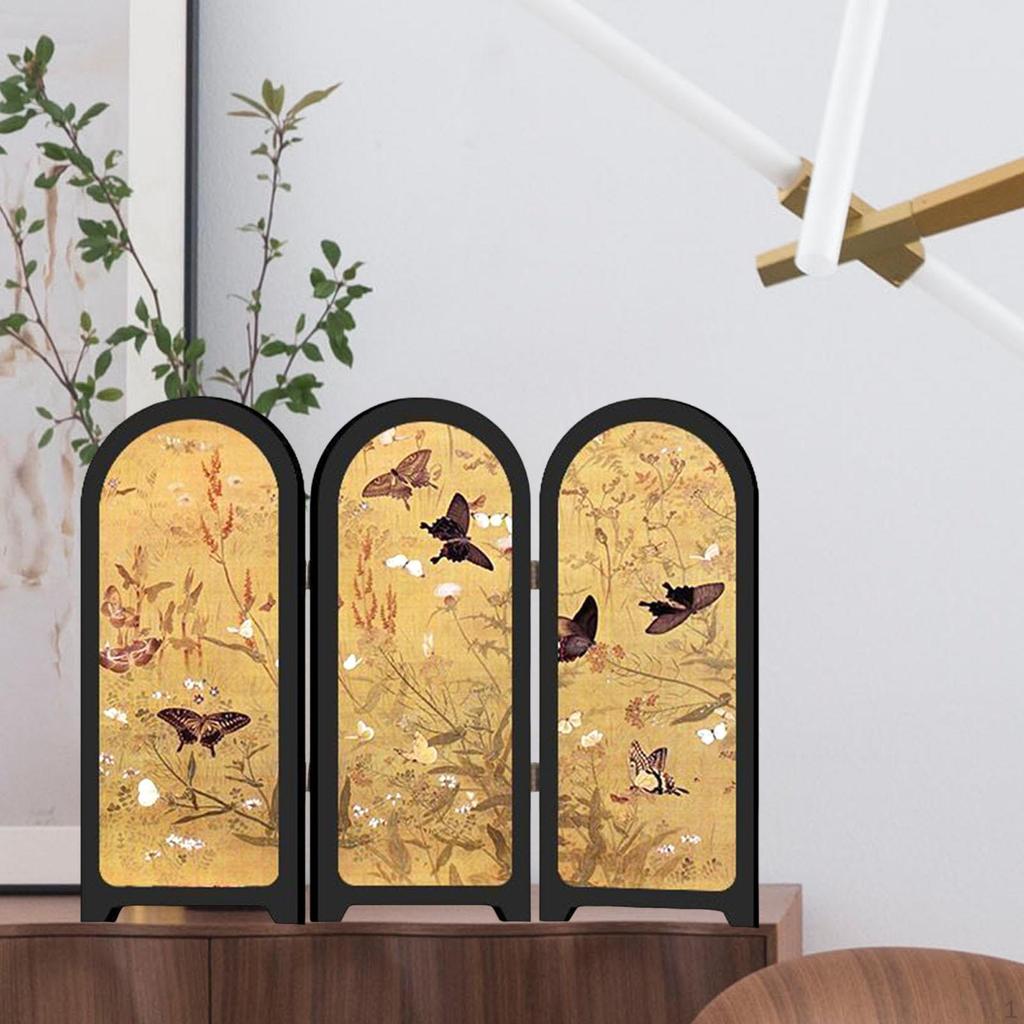 Kinesisk Design Mini Skärmprydnad 3-delad Skiljevägg Liten Bordsdekoration Fågel- och Blomtryck för