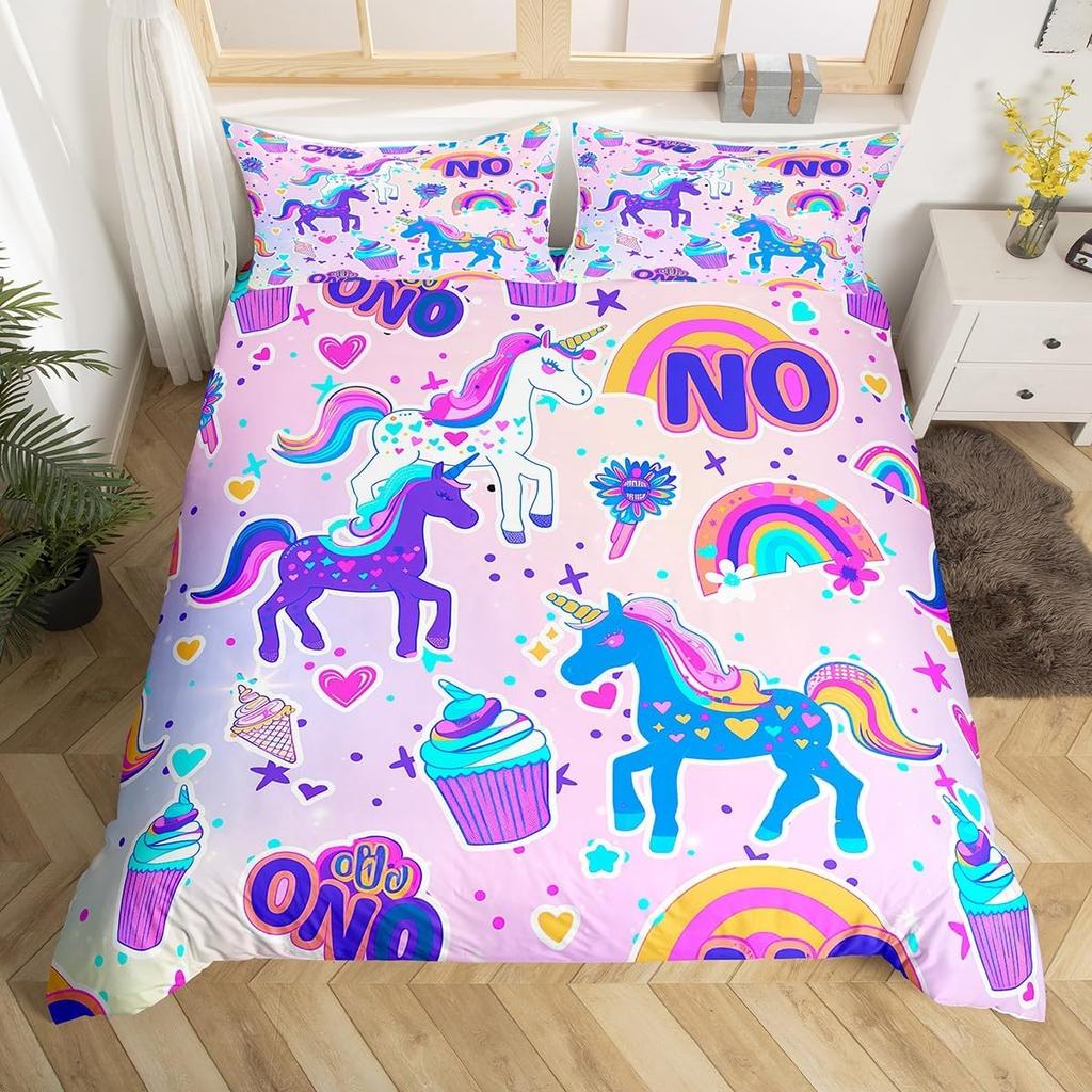 Comforter Kawaii Cartoon Unicorn Girly Fantasy Star Moon Galaxy Bedding Set Twin Queen Size Microfiber Comforter
