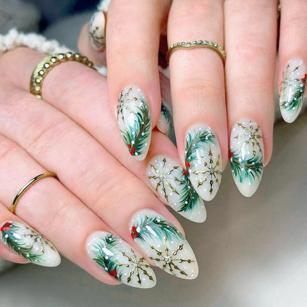 Christmas White Fake Nails with Pine Tree Print No Bad Smell Environmentally Friendly for Girlfriend Wife Women and Girl