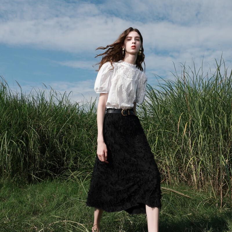 Women's Embroidered Stand Collar Puff Sleeve Top