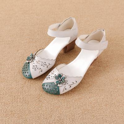 New Summer Women's Hollow Sandals Ethnic-style Cowhide Thick Heel Phillip Applique Color-blocking Shoes