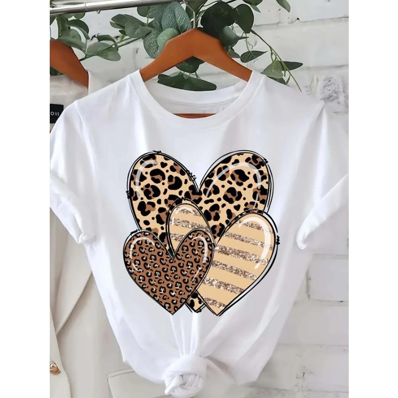 Summer Round Neck 3D Leopard Print Heart Print Top Fashionable Casual Short Sleeved Women's T-shirts