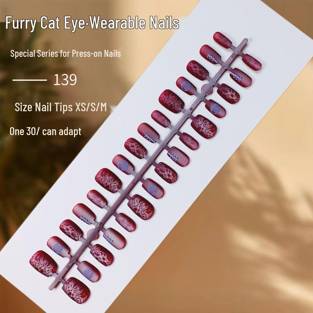 

New Chinese Style Embroidery Matte Cat Eye Wearable Suede High-End False Nails