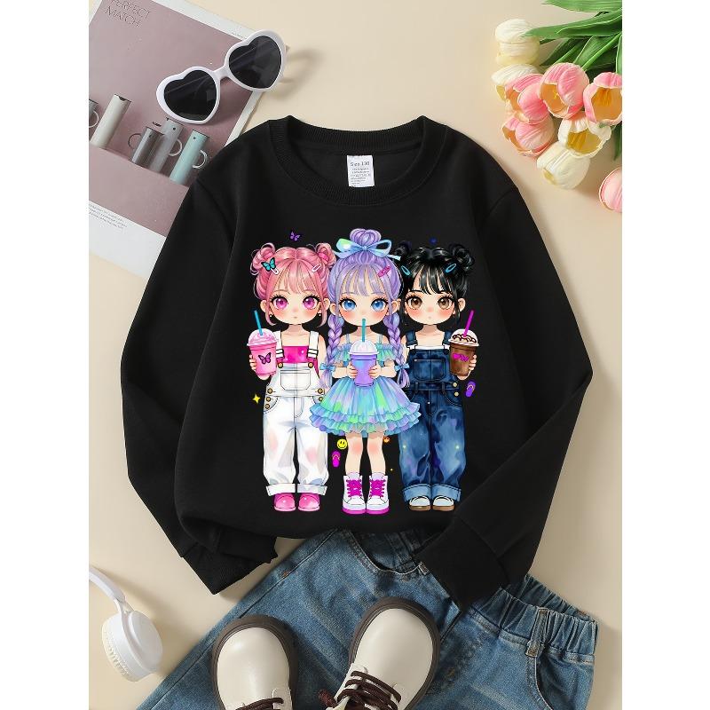 Kids Sweatshirt,Crew Neck Fashion Top, Fun "Three Girls Drinking" Patterned Sweatshirt, Suitable for Everyday Casual Wear