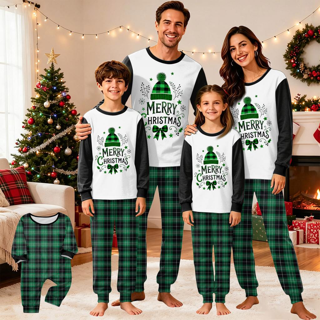 Matching Family Christmas Pajama Set Long Sleeve Neck Print Top with Pants for Adults and Kids