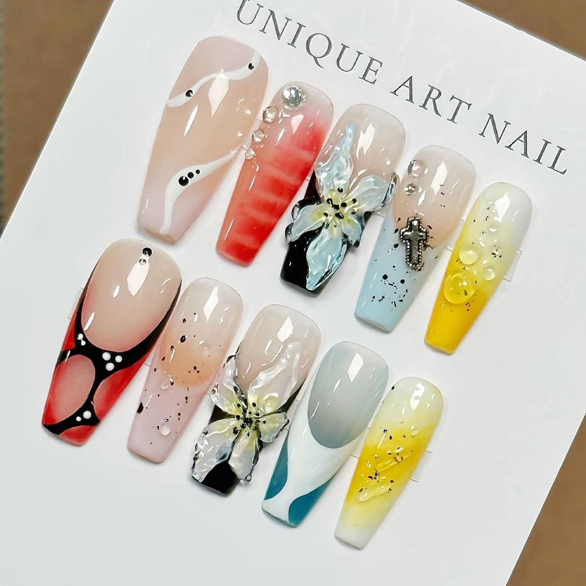 

10 шт. Накладные балетные ногти ручной работы, длинные, с цветочным дизайном, глянцевые, с 3D-декором, французская линия, металлический крест, украшение, с желеобразным клеем, пилочка для ногтей L