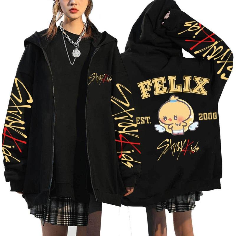 Maglione con cappuccio e cerniera loose Stray Kids versione Q stampato Harajuku maglione con cappuccio maglione con cerniera maglione all'ingrosso