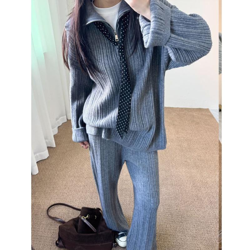 Half Zipper Polo Neck Pullover Knitted Sweater Women's New Casual Wide-leg Pants Two-piece Autumn and Winter Suit