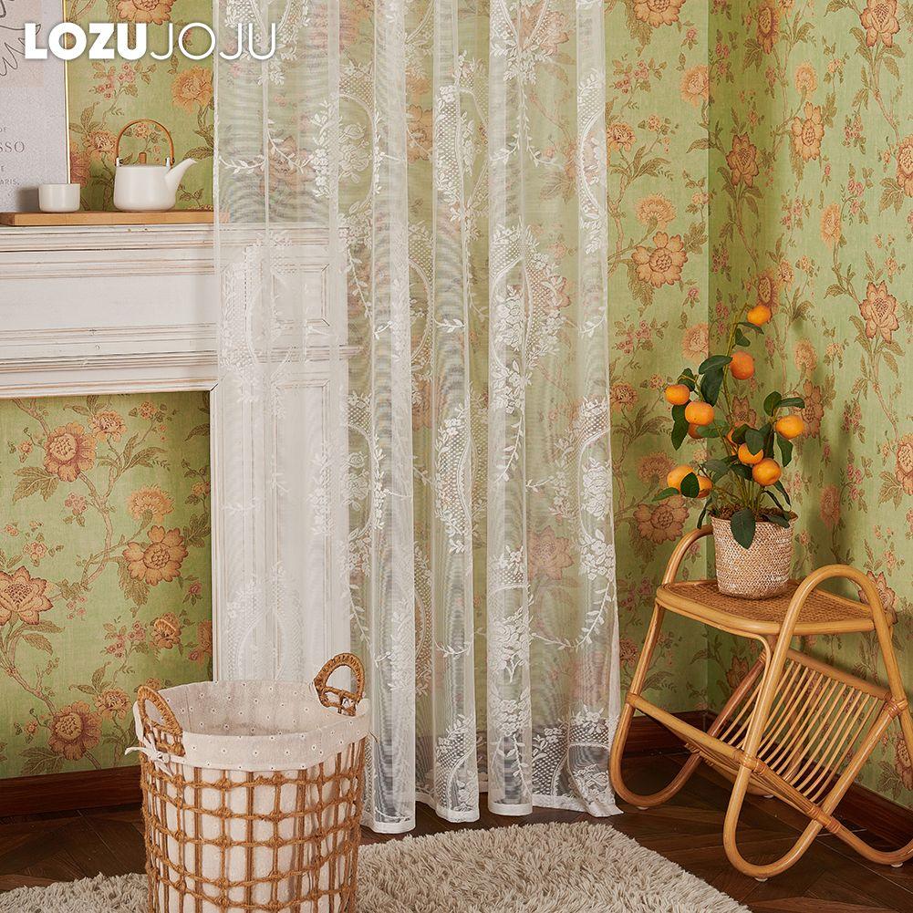 1PC LOZUJOJU French White Lace Curtain Retro Palace Style Sheer Curtain Solid Color Tulle for Living Room Bedroom Balcony Home Decor