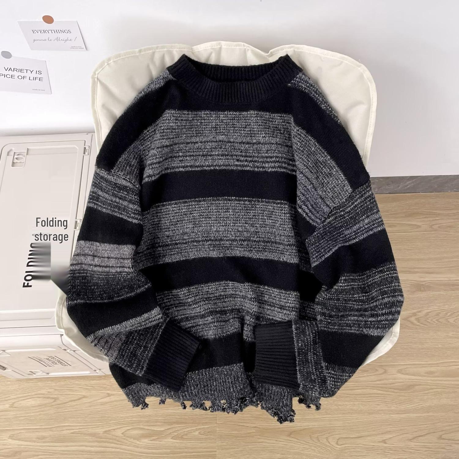 Мужской повседневный свитер в японском стиле с круглым вырезом, рваными краями и контрастными полосами L