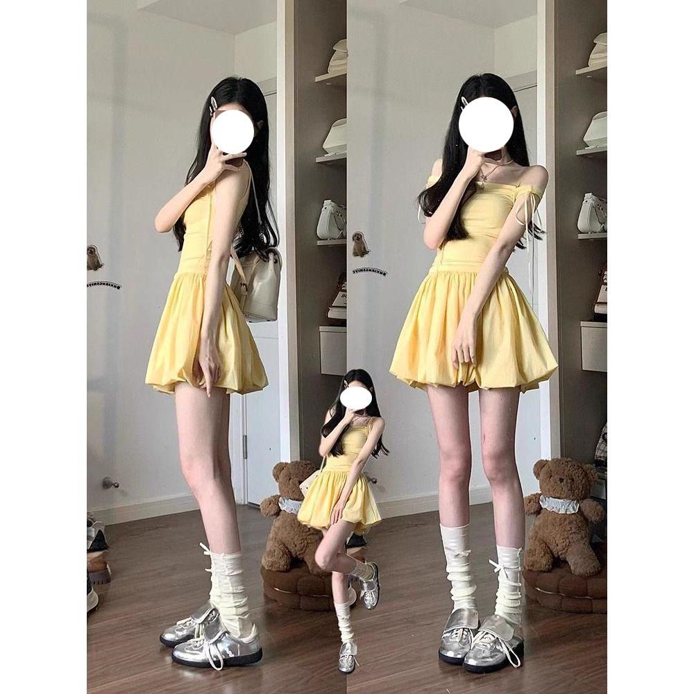 Gonna a bocciolo unica da donna per l'estate vita a pinces uomo piccolo sottile fiocco vestito dolce