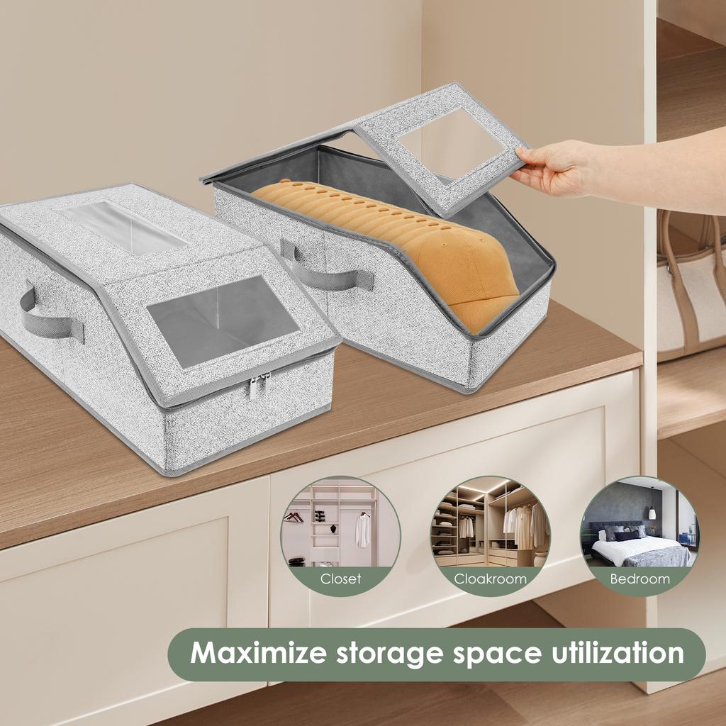 2Pcs Foldable Zipper Baseball Cap Storage Box Non Woven Fabric Baseball Cap Organizer With Clear Window for Clothes Hats