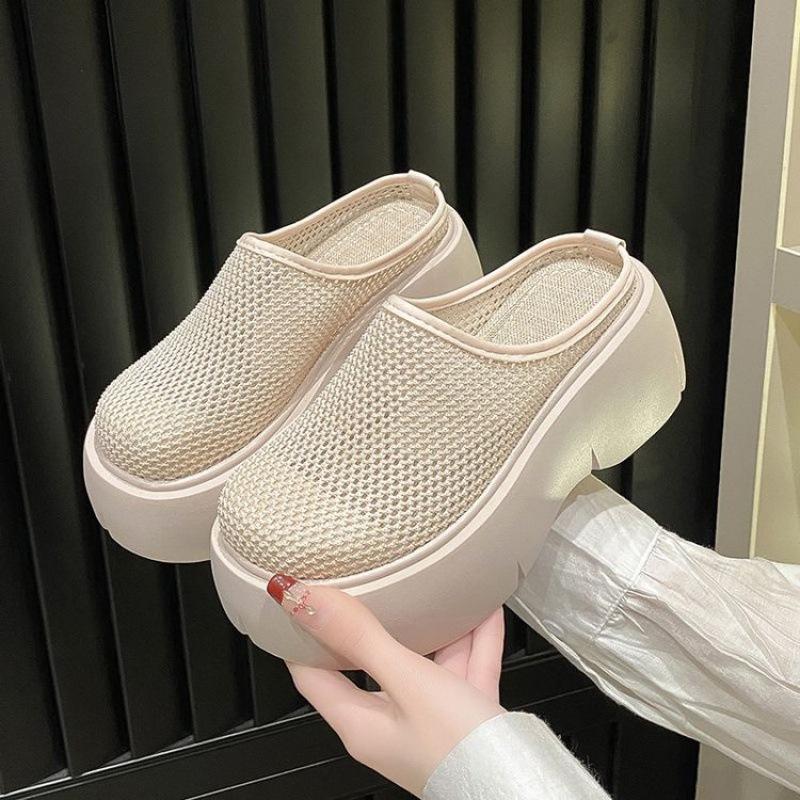 Thick-bottomed bag head half slippers women's 2025 new summer outer wear hollow mesh small height-increasing muffin slippers