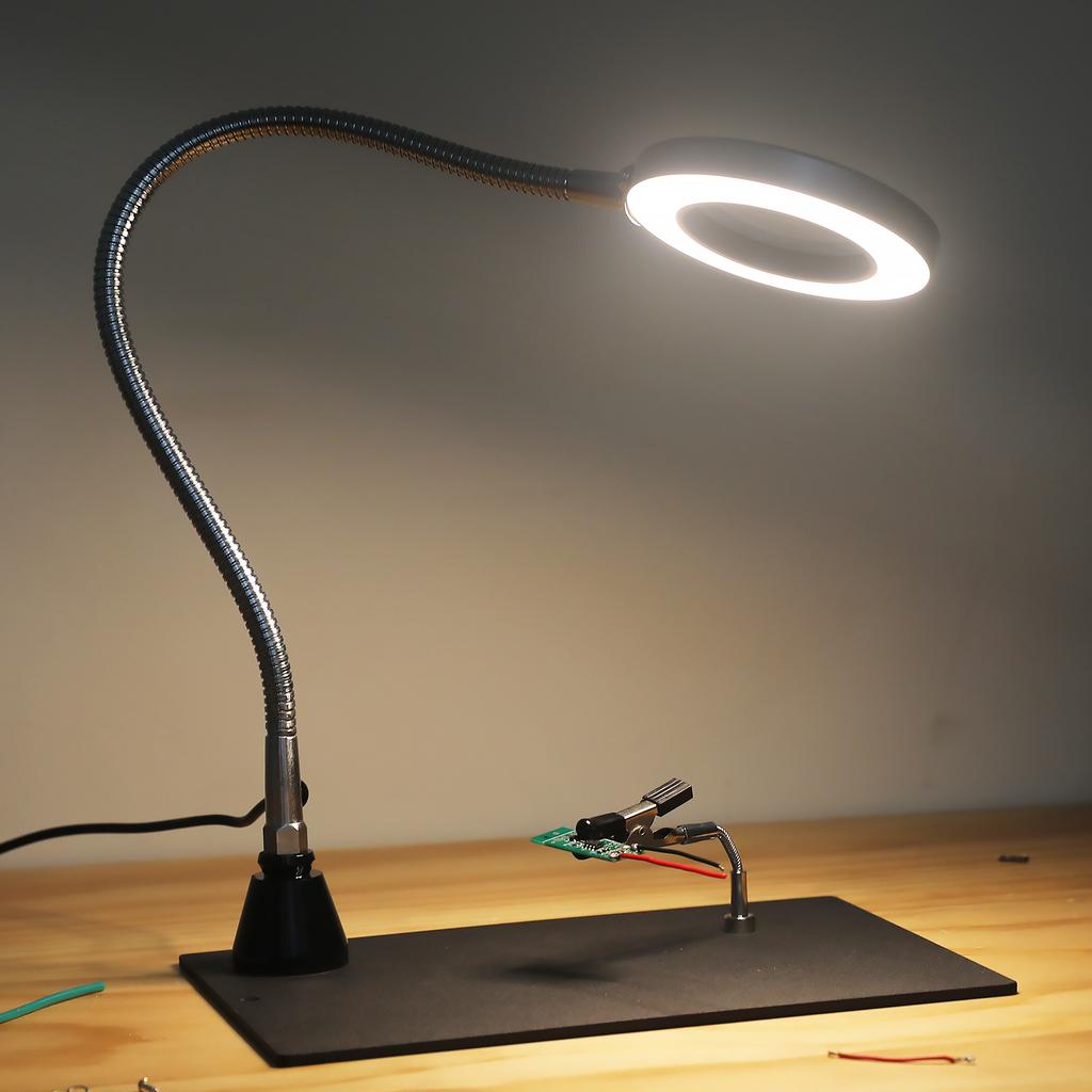 3X Magnifying Glass with Light 3 Color Modes Stepless Dimmable Magnifier Magnetic Base Flexible Gooseneck Desk Lamp for Reading