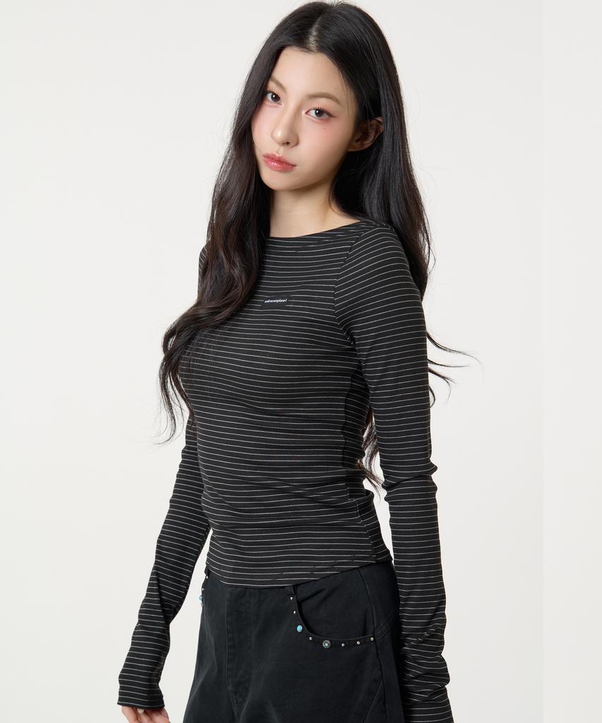 UNKNOWN PLANET Slim Striped Boat Neck Long Sleeve Top Black