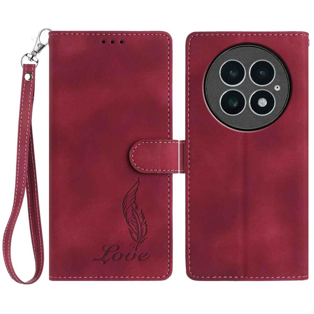 For OnePlus 13 Case Imprinted Feather PU Leather Wallet Phone Cover with Wrist Strap