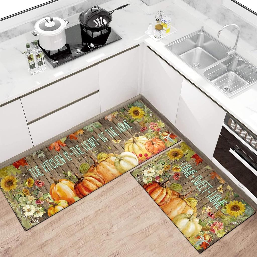 Fall Thanksgiving Pumpkin Kitchen Rugs Hello Pumpkins and Sunflowers Thankful Farmhouse Floor Mats and Rugs Washable for Kitchen