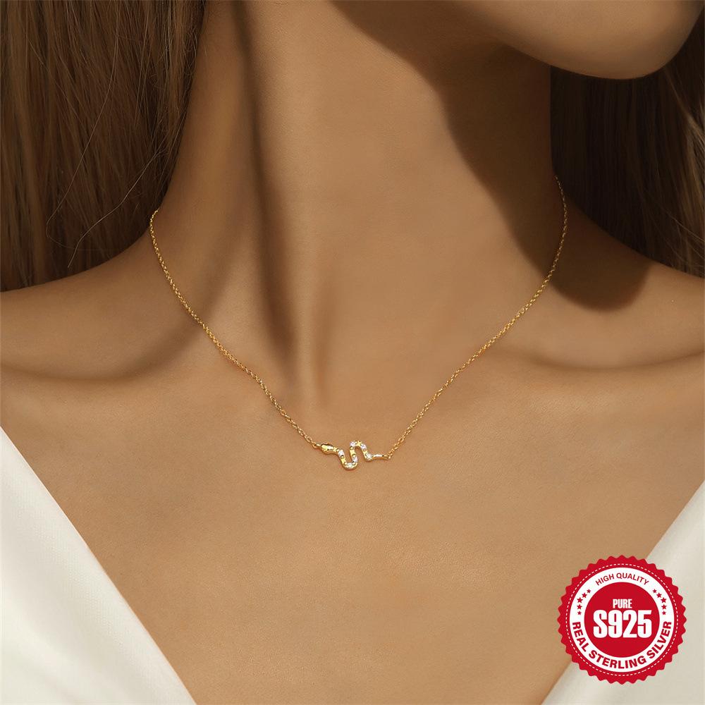 Fashion S925 Sterling Silver Ins Wind Simple Fun Personality Diamond Snake Necklace Cool Street Collarbone Chain
