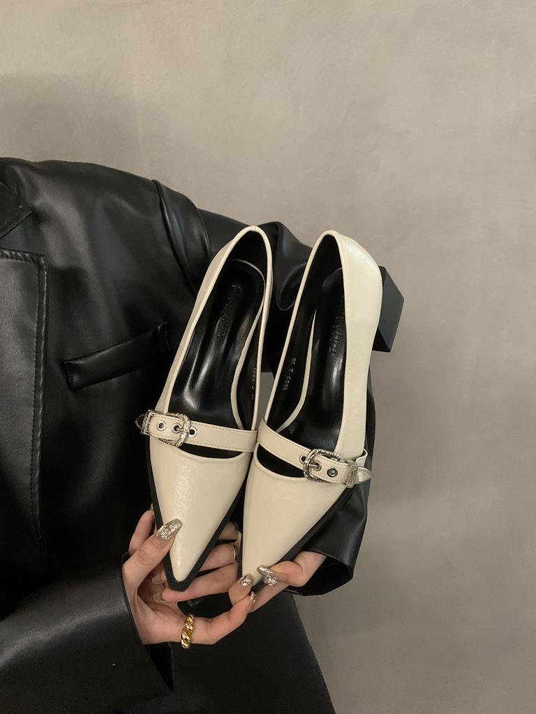 thick heel black pointed high heels French small leather shoes retro shoes children 2025 new loafers retro style