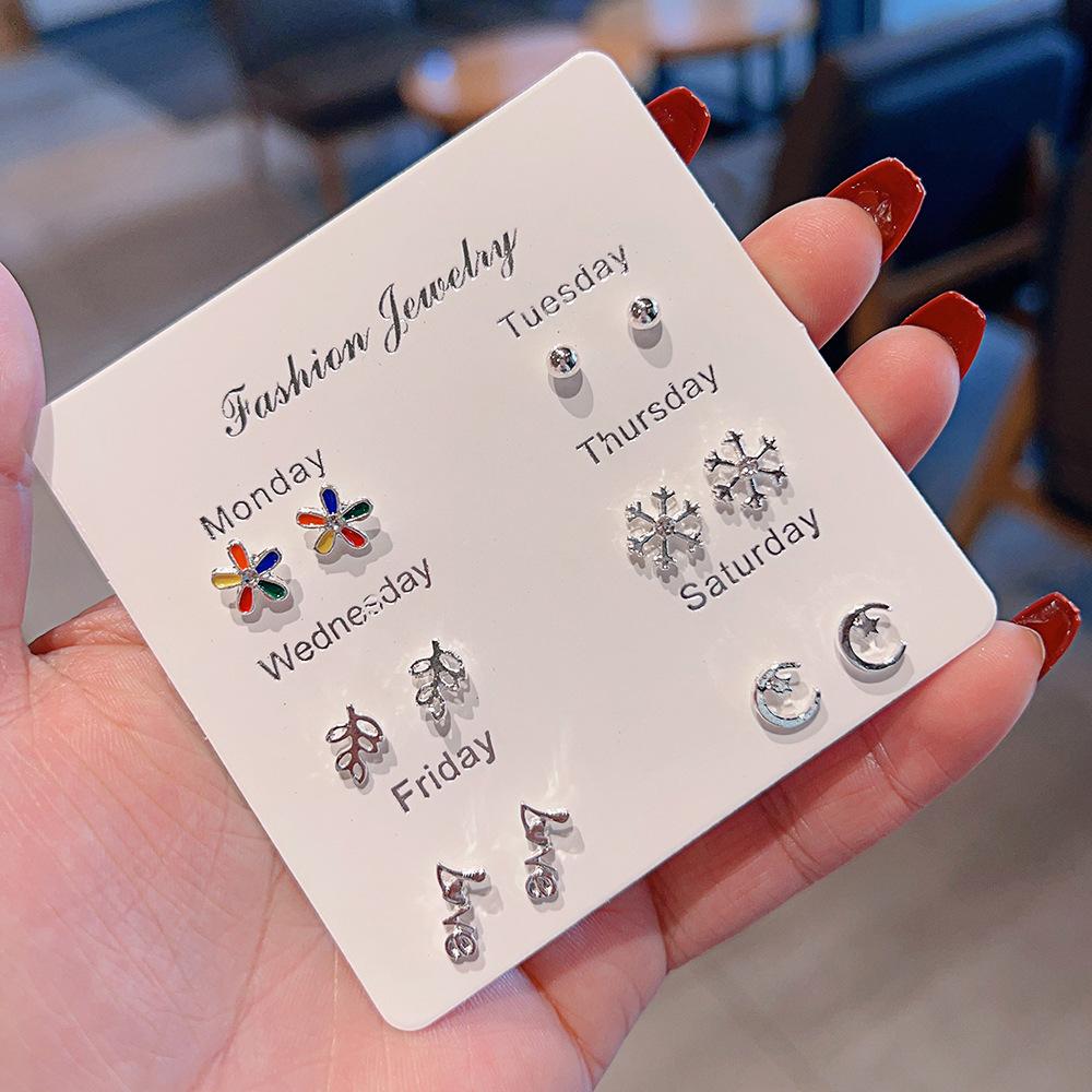 New small fresh one-week stud earrings set 1 pair combination Korean version sweet love bow fairy temperament earrings
