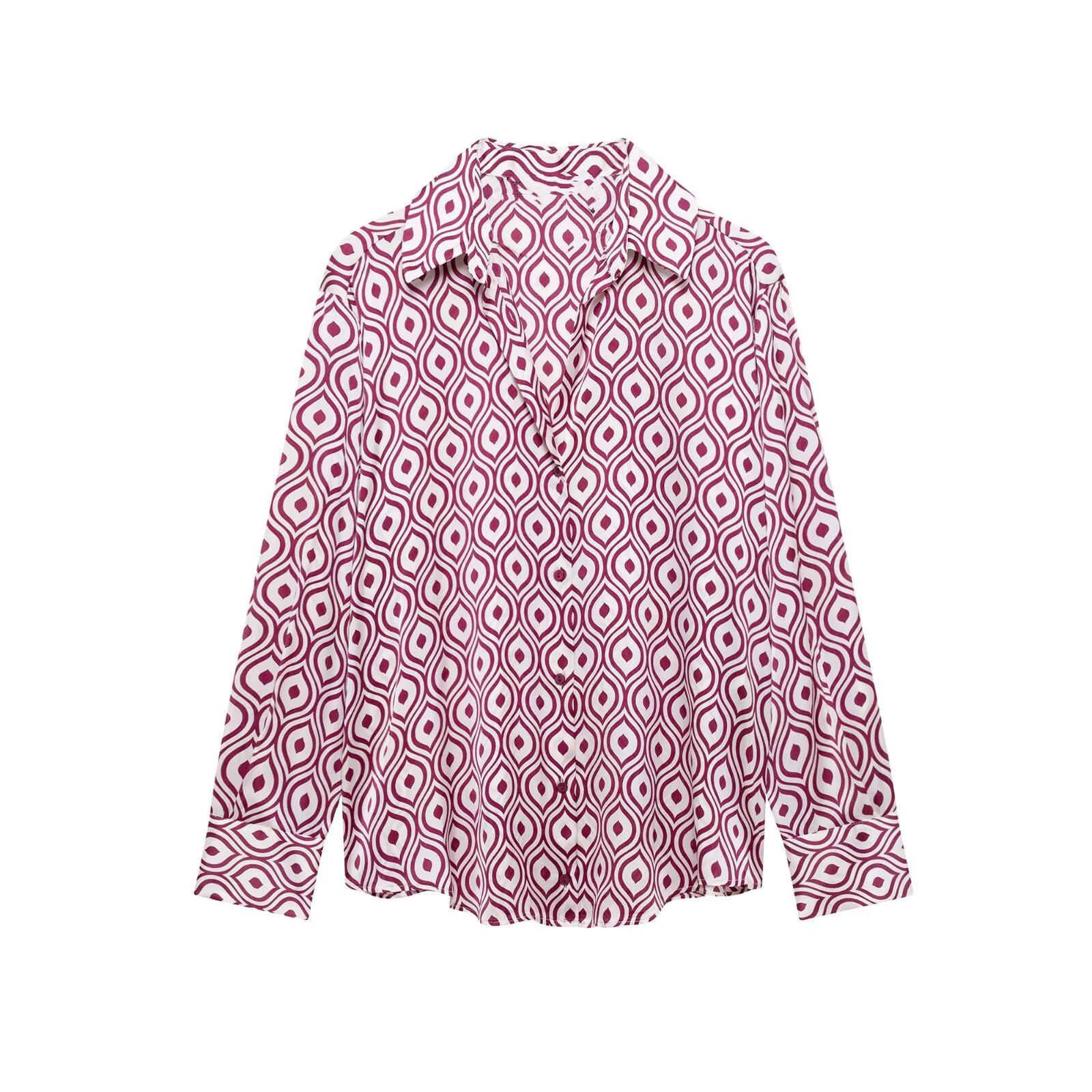 

Spring 2025 Women s Geometric Print Silk Satin Shirt M маджента
