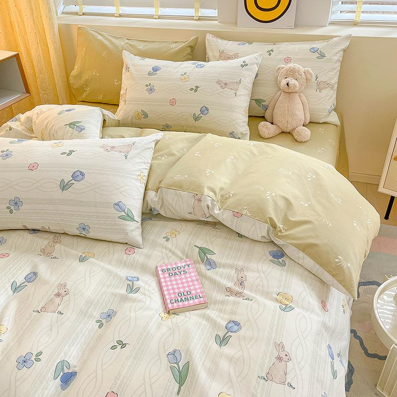 Juego de cuatro piezas de algodón puro de 60 hilos, cama gruesa de algodón puro, juego de tres piezas, algodón de fibra larga, funda de edredón pequeña y fresca, sábana ajustable