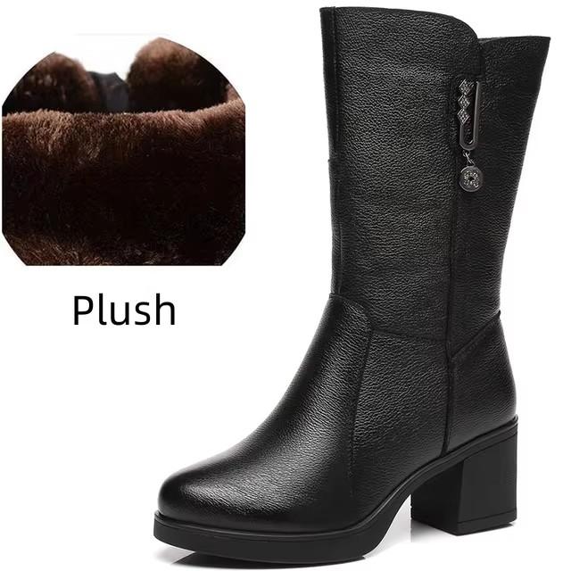 Fashion GKTINOO Women Ladies Female Mother Genuine Leather Mid Calf Boots Shoes Winter Plush Fur Warm Botas Zipper Plus Size Non-Slip