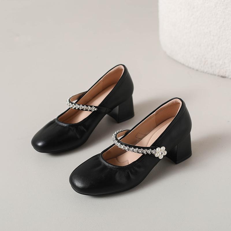 Fashion Rhinestone Strap Anti-Slip Wear-Resistant Block Heel Single Shoes Women's Fashion Round Toe Shallow Heels