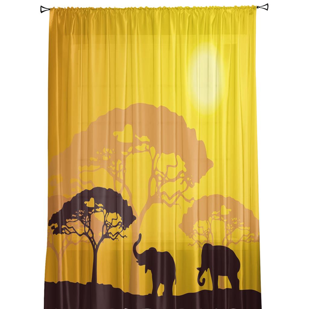 African Elephant Forest Tree Silhouettes Sheer Curtains for Living Room Tulle for Windows Voile Yarn Short Bedroom Curtains