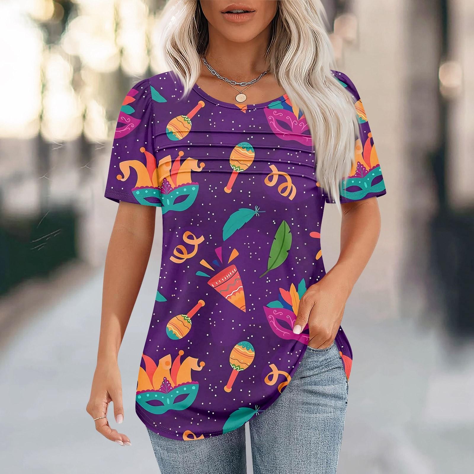 

Женский свободный топ с принтом карнавальной маски, короткими рукавами и круглым вырезом, плиссированный M