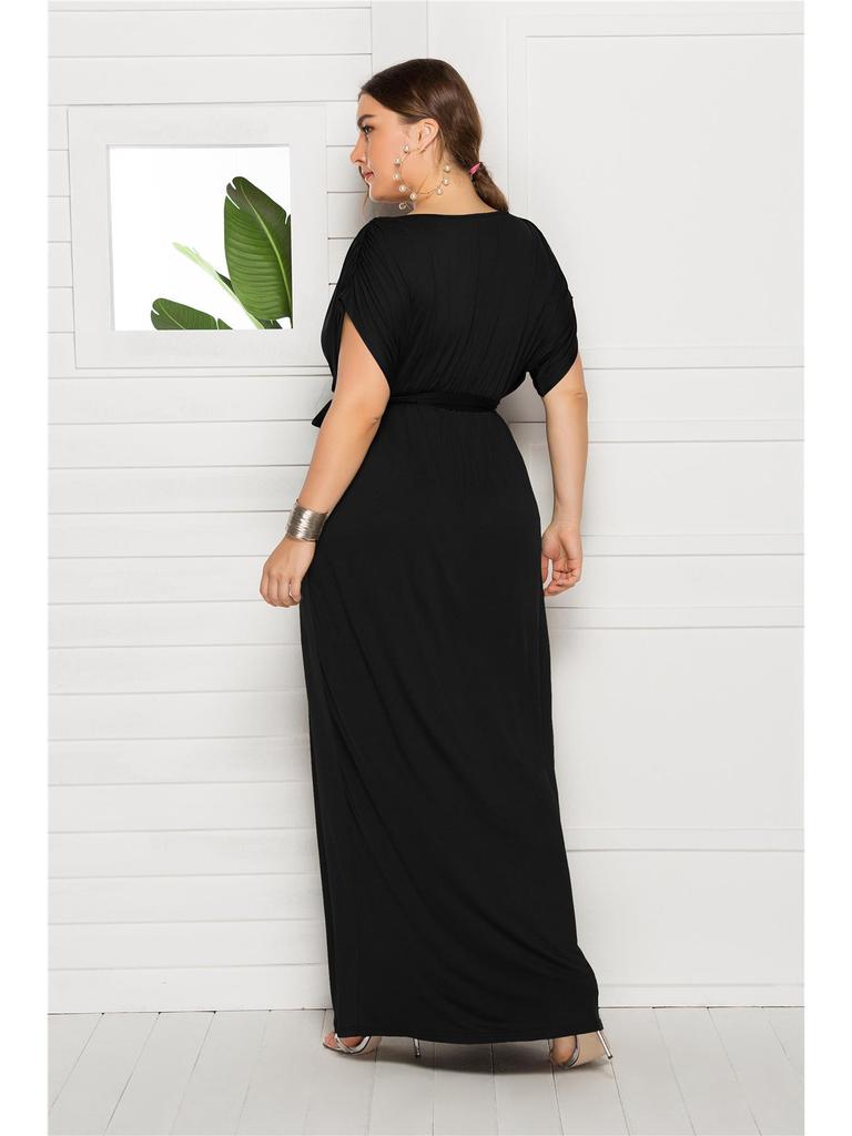 Plus Size Women’s Solid V-Neck Evening Dress, Sexy Loose Fit with Large Hem