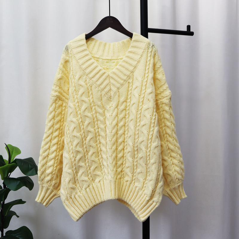 Thickened V-neck twist sweater pullover women's autumn and winter new loose soft waxy and thin knitted sweater top