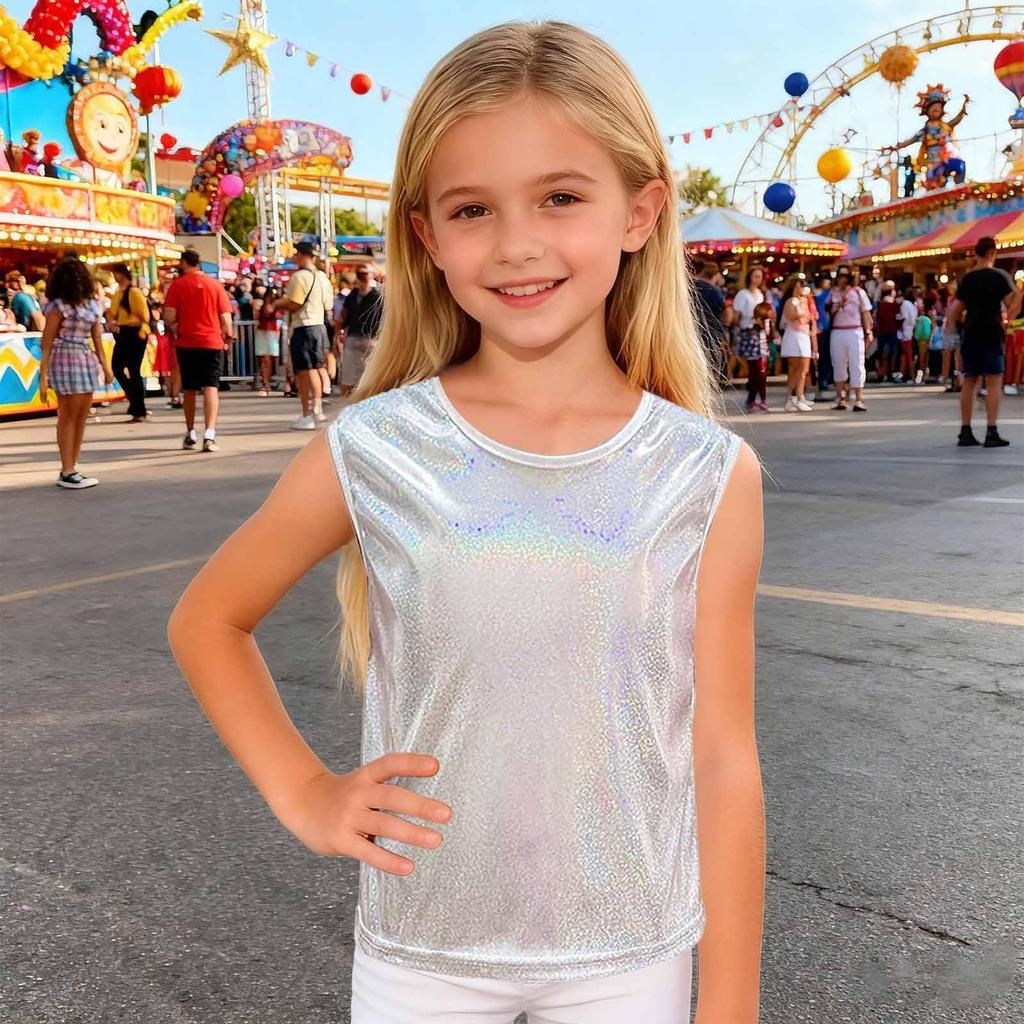 Loose Fit Sleeveless Holographic Tank Top for Kids Dancewear Shiny Sequin Reflective Performance Shirt Urban Style