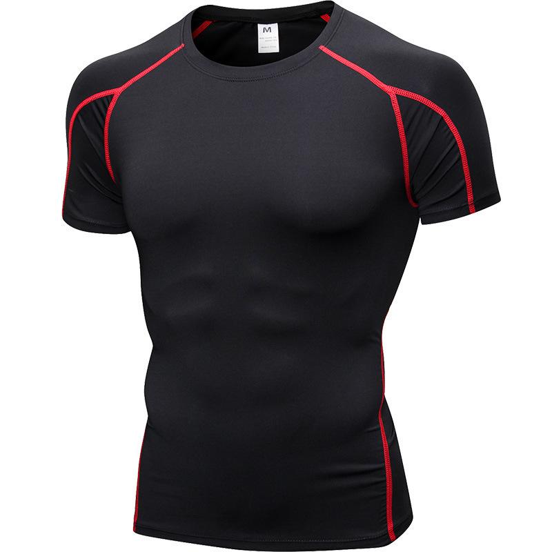 Men Gym Workout Short Sleeve Compression Shirt Tight Fit Quick Dry Athletic Top Black Red
