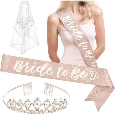 Bridal Shower Supplies | Bride To Be Sash, Tiara, Veil Bachelorette Party Decorations Rose Gold Glitter Kit