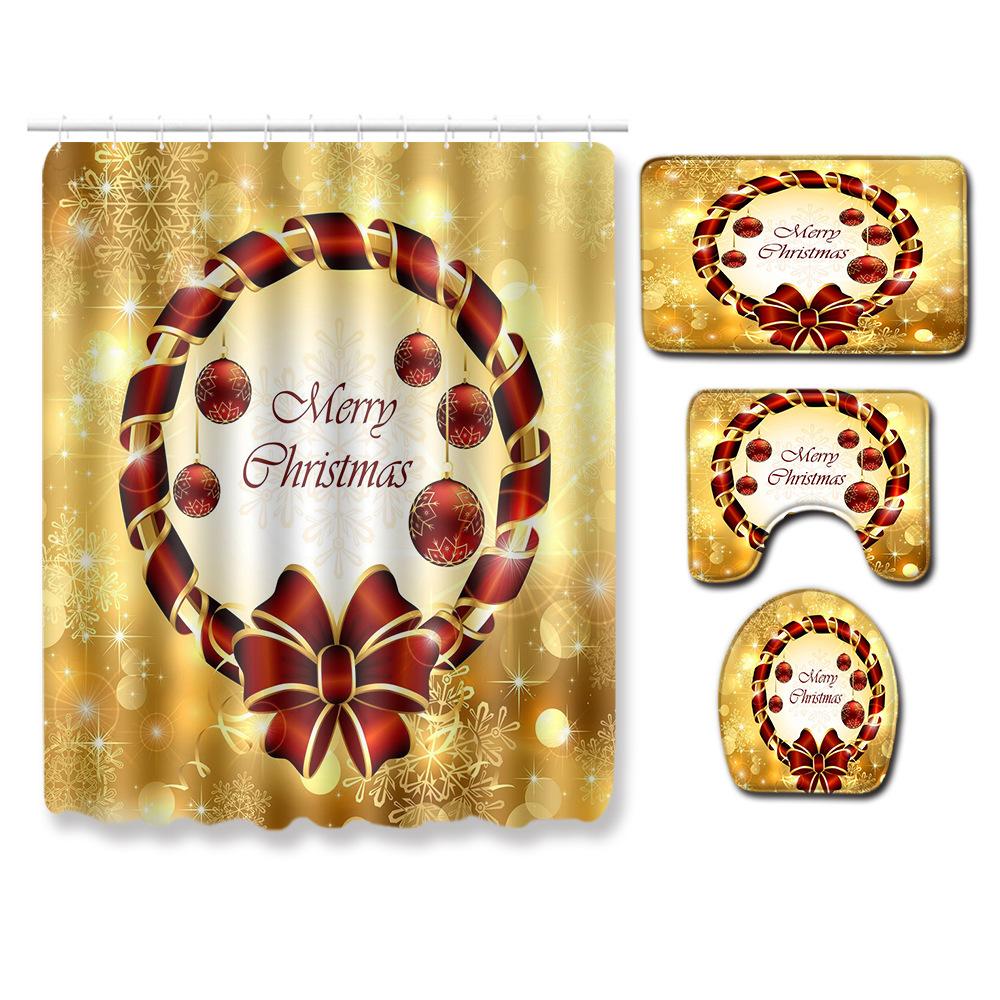 Christmas Shower Curtain Floor Mat Combination Four-Piece Set Bathroom Toilet Carpet Shower Room Mat Foot Mat