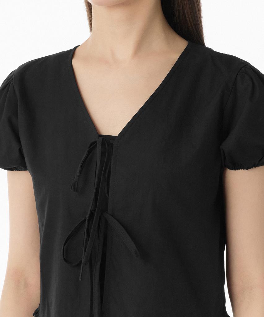 MUSINSA STANDARD WOMAN Women'S Cotton Puff Sleeve Tie-Up Blouse [Black]
