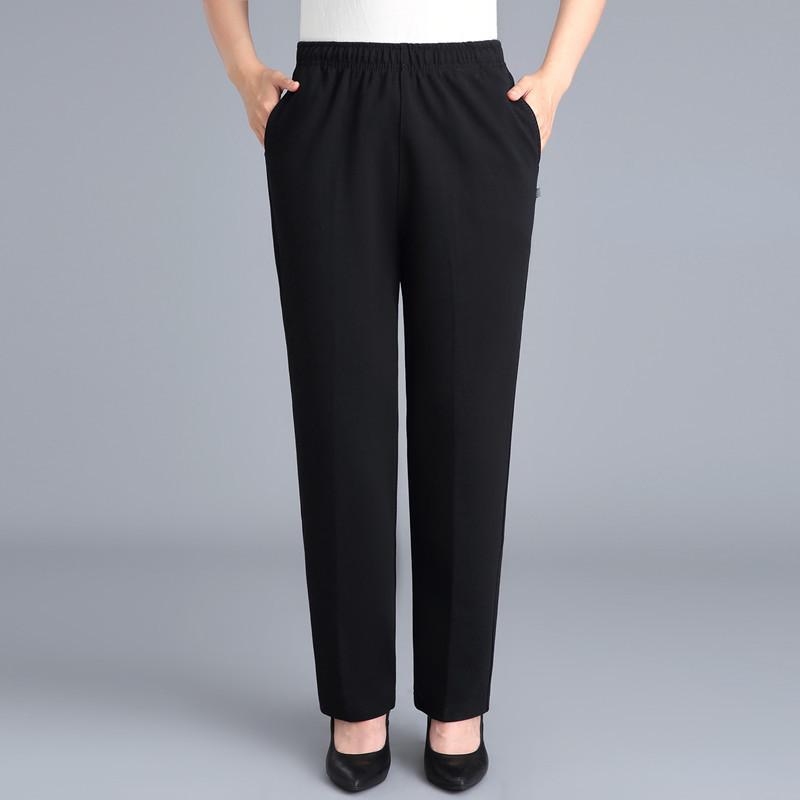 Black Cotton Middle-aged Mother Trousers Loose Elastic Waist Casual Pants Spring Autumn Loose Solid Women's Straight Pants