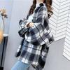 Spring Autumn Loose Lattice Female Casual Shirts Pockets Batwing Sleeve Chiffon Design Student Shirt Coat Pink Green Tops