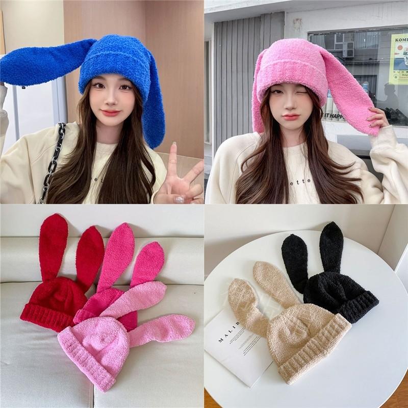 Dopamine Bunny Eared Knitted Hat For Women Winter Warmth Cute Animal Style