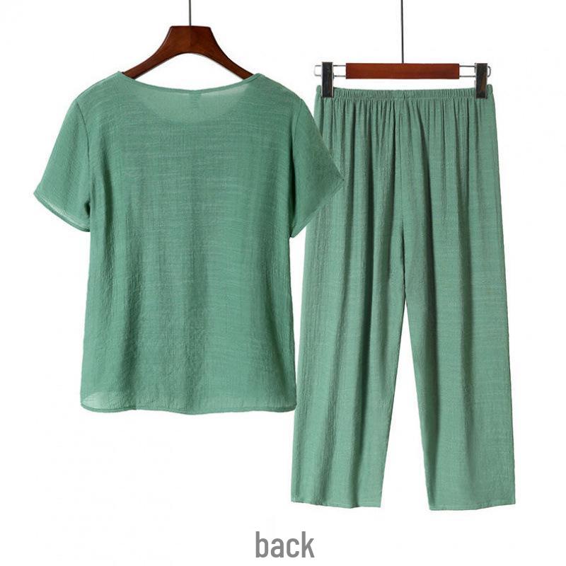 Women's Summer Cotton Linen Short-Sleeved Two-Piece Set: Grandma Mom Pajama Top and Pants.