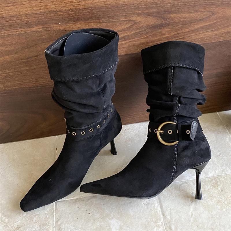 

Eilyken Women Ankle Boots Designer Pleated Turned-over Edge Buckle Strap Short Booties Sexy Thin High Heels Banquet Prom Shoes 35