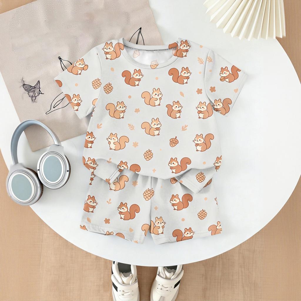 Kids Casual Short Sleeve Shirt and Shorts Set Animal Print Lightweight Soft Fabric Comfortable Fit Summer Outfit for Boys and Girls