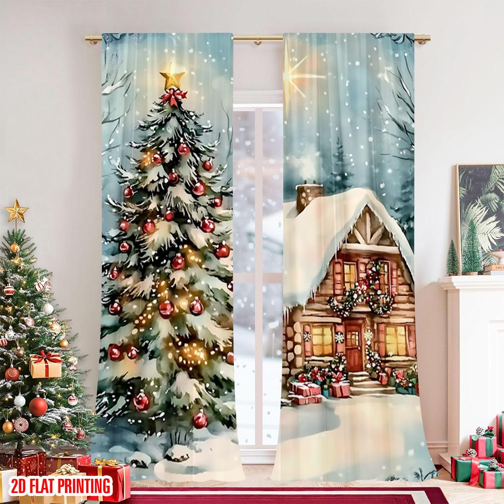 Set Of 2 Flat Printing Merry Christmas Scene Curtains Lodge Fabric Without Electricity Spring Party Curtain Polyester Machine Washable