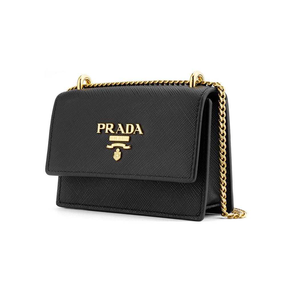 Prada Cartera Porta Tarjetas de Cuero Saffiano con Cadena Cartera para Mujer Negra 1MR017_QWA_F0002