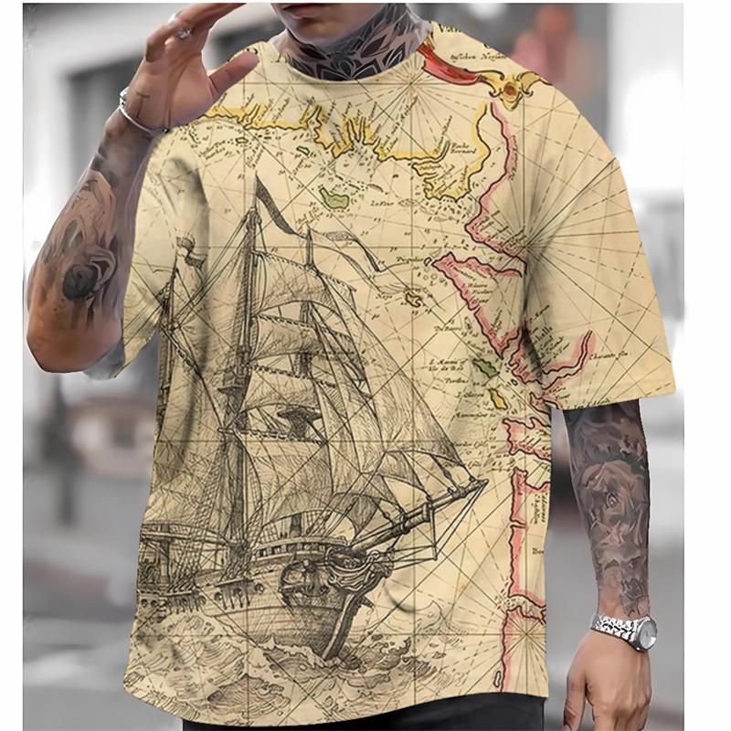 Vintage Nautical Graphic T-Shirt For Men Ship Map 3D Printed Tees Summer Casual Oversized Round Neck Tops T Shirts Short Sleeves