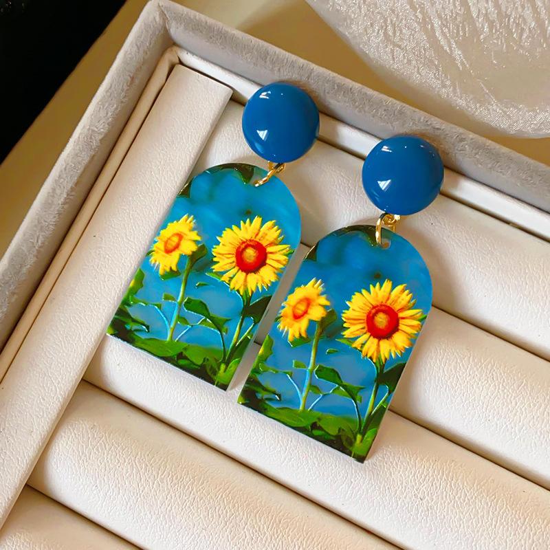 

Silver Needle Acrylic Printed Tropical Style Flower Earrings Women s Exaggerated Fashion Atmospheric Earrings High-end Versatile Earrings