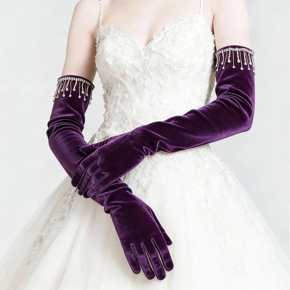 Solid Color Velvet Long Gloves Rhinestone Tassel Evening Dress Gloves  Dress-Up  Accessories