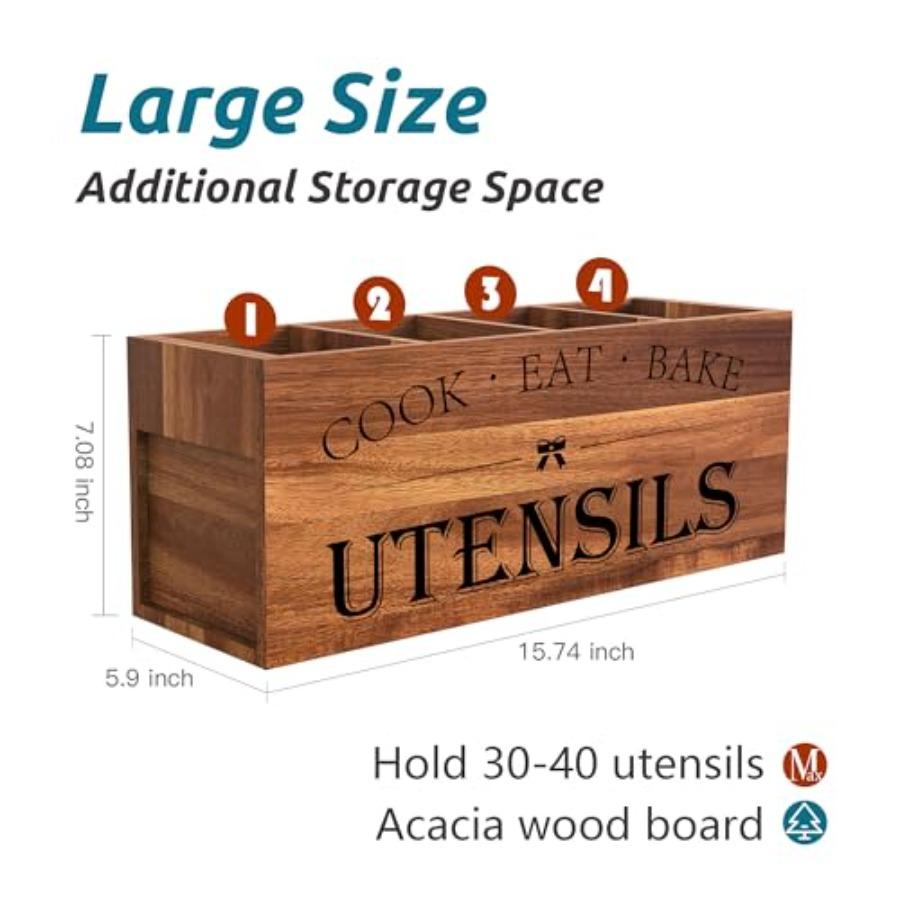 Extra Large Acacia Wood Utensil Holder with 4 Compartments for Kitchen Counter Rustic Farmhouse Caddy Organizer Natural Wood Co